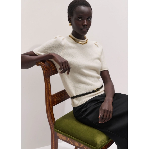 ME+EM Pouf Sleeve Knit Tee in Cream, view 2 | Sweaters | Coveti