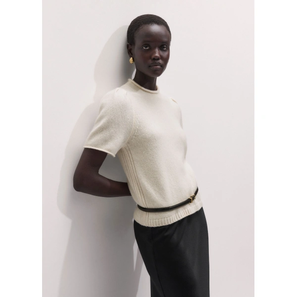 ME+EM Pouf Sleeve Knit Tee in Cream, view 5 | Sweaters | Coveti
