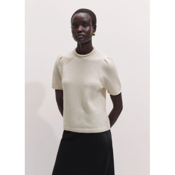 ME+EM Pouf Sleeve Knit Tee in Cream, view 6 | Sweaters | Coveti