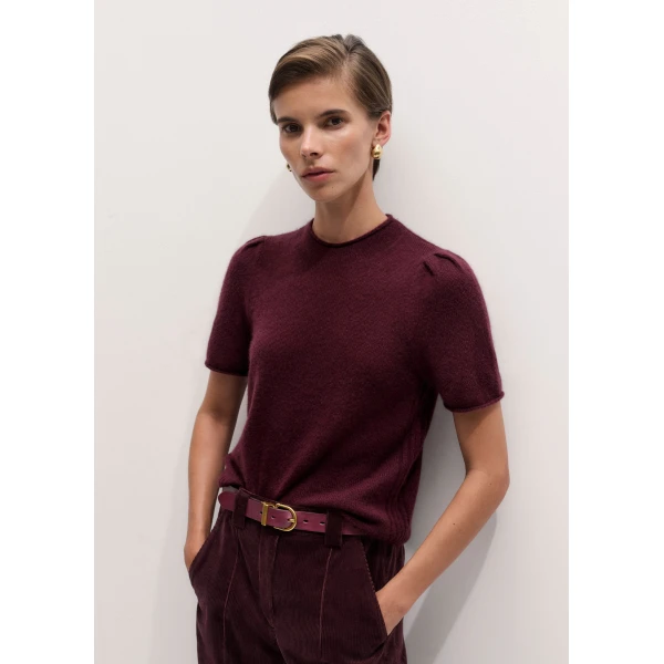 ME+EM Pouf Sleeve Knit Tee in Merlot Red