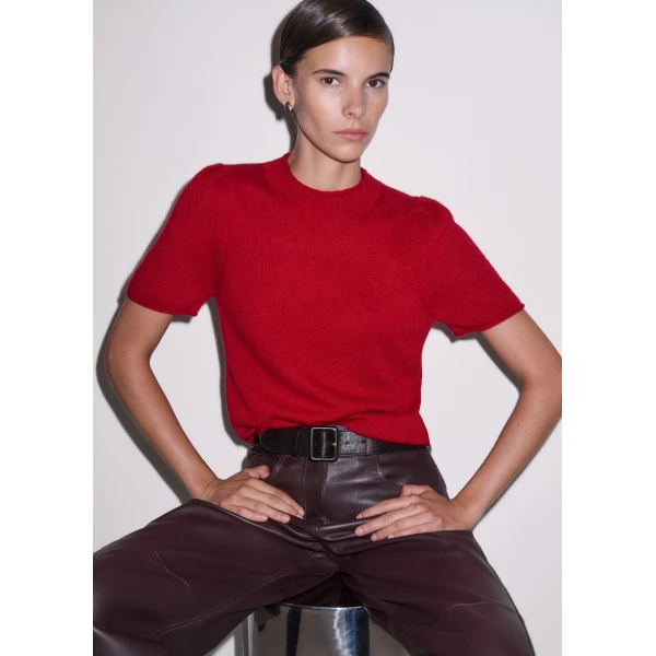 ME+EM Pouf Sleeve Knit Tee in Scarlet Red