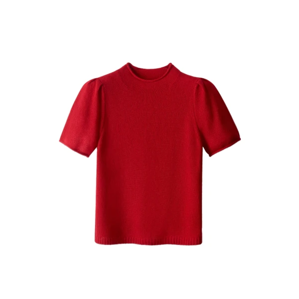 ME+EM Pouf Sleeve Knit Tee in Scarlet Red
