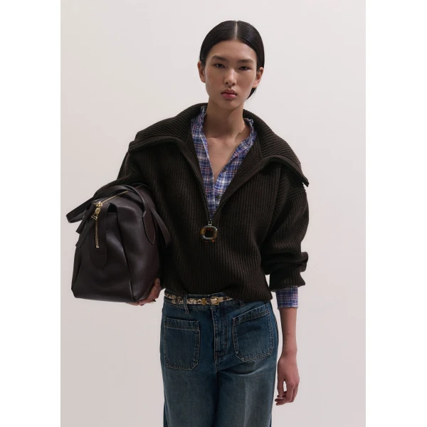 ME+EM Sculptural Zip Jumper in Dark Chocolate, view 2 | Sweaters | Coveti