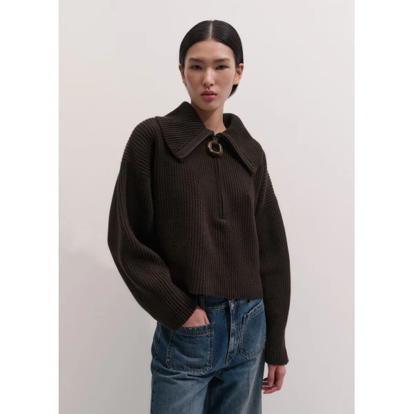 ME+EM Sculptural Zip Jumper in Dark Chocolate, view 5 | Sweaters | Coveti