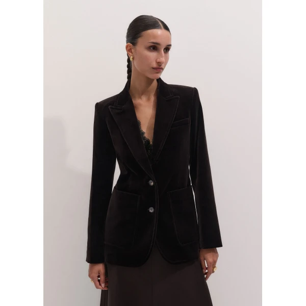 ME+EM Sharp Shoulder Blazer in Dark Chocolate Brown, view 2 | Blazers | Coveti