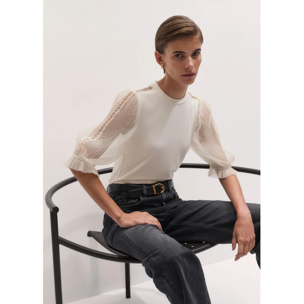 ME+EM Sheer Sleeve Layering Top in Cream, view 2 | T-shirts | Coveti