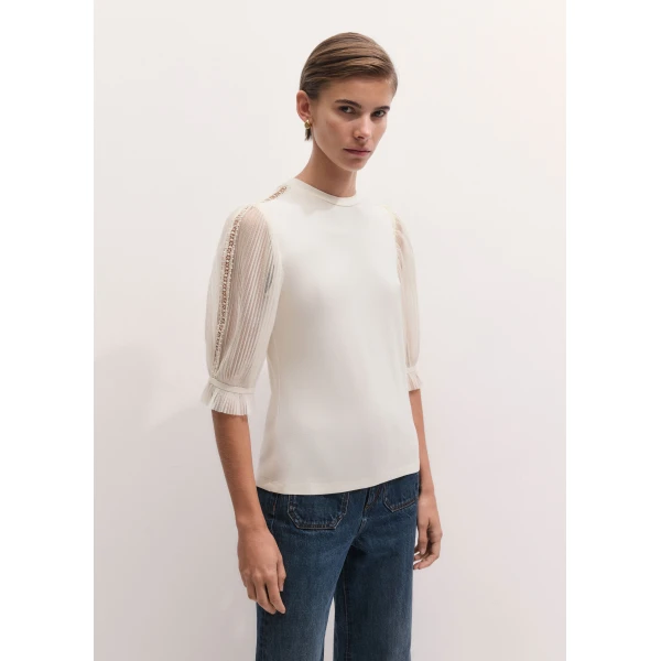 ME+EM Sheer Sleeve Layering Top in Cream, view 6 | T-shirts | Coveti