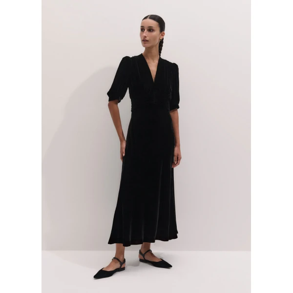 ME+EM Silk-Blend Velvet Fit + Flare Maxi Dress in Black, view 2 | Maxi Dresses | Coveti