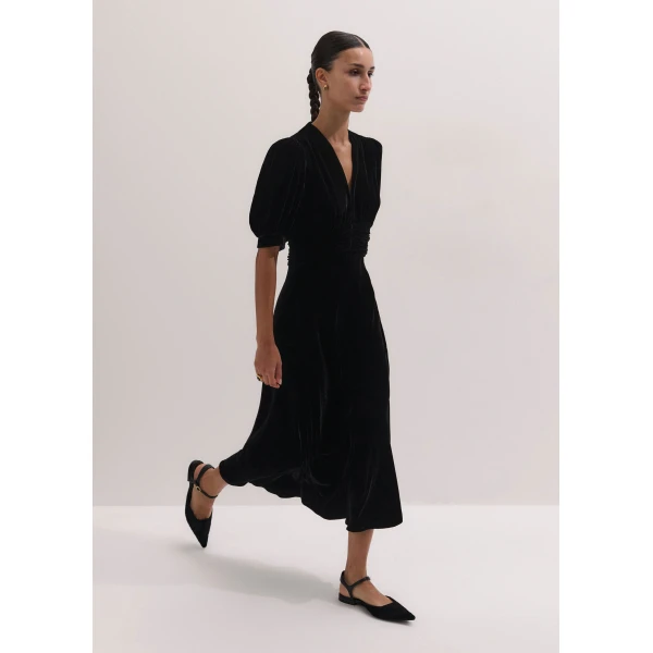 ME+EM Silk-Blend Velvet Fit + Flare Maxi Dress in Black, view 5 | Maxi Dresses | Coveti