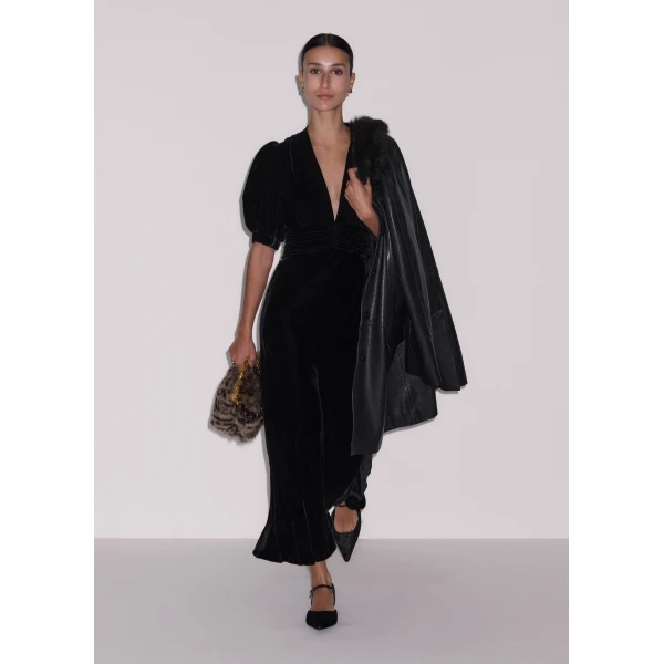 ME+EM Silk-Blend Velvet Fit + Flare Maxi Dress in Black, view 6 | Maxi Dresses | Coveti