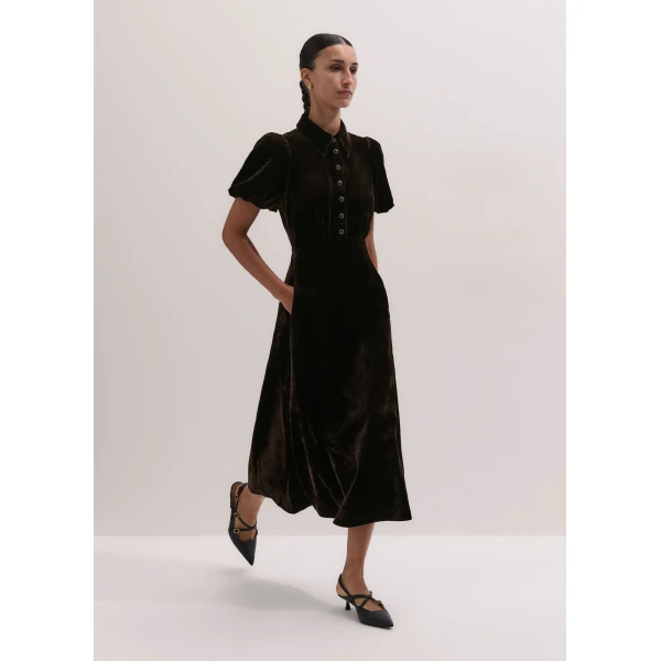 ME+EM Silk-Blend Velvet Fit + Flare Midi Dress in Double Espresso, view 2 | Midi Dresses | Coveti