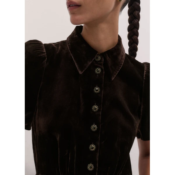 ME+EM Silk-Blend Velvet Fit + Flare Midi Dress in Double Espresso, view 3 | Midi Dresses | Coveti