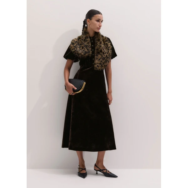 ME+EM Silk-Blend Velvet Fit + Flare Midi Dress in Double Espresso, view 4 | Midi Dresses | Coveti