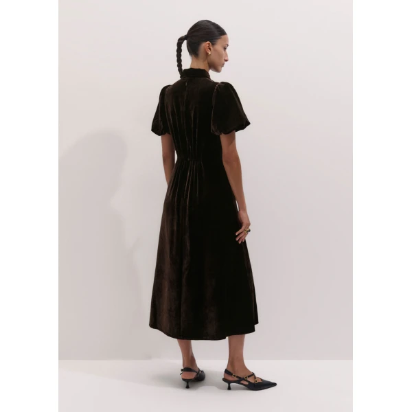 ME+EM Silk-Blend Velvet Fit + Flare Midi Dress in Double Espresso, view 5 | Midi Dresses | Coveti