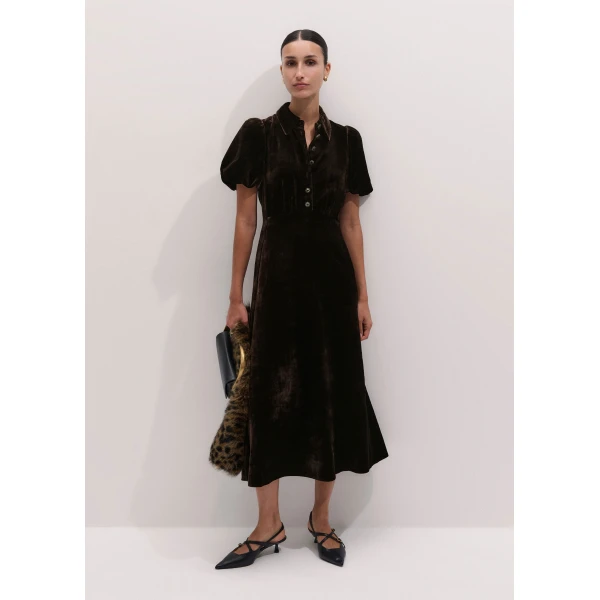 ME+EM Silk-Blend Velvet Fit + Flare Midi Dress in Double Espresso, view 6 | Midi Dresses | Coveti