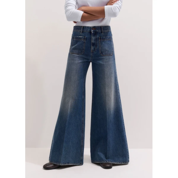 ME+EM Super Wide Flare Jean in Authentic Mid Blue Wash, view 2 | Denim | Coveti