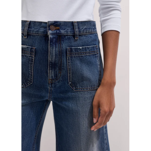 ME+EM Super Wide Flare Jean in Authentic Mid Blue Wash, view 3 | Denim | Coveti