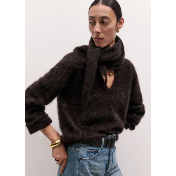 ME+EM Triangle Knit Scarf in Dark Chocolate Brown, view 2 | Scarves | Coveti