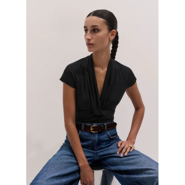 ME+EM Twist Front Slim Top in Black, view 2 | Tops | Coveti