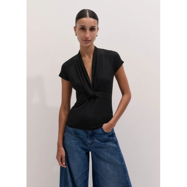 ME+EM Twist Front Slim Top in Black, view 6 | Tops | Coveti