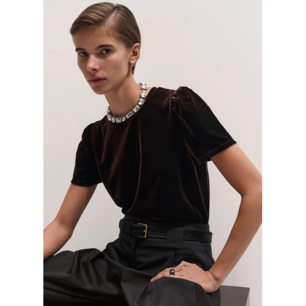 ME+EM Velour Pouf Sleeve Tee in Dark Chocolate, view 2 | T-shirts | Coveti