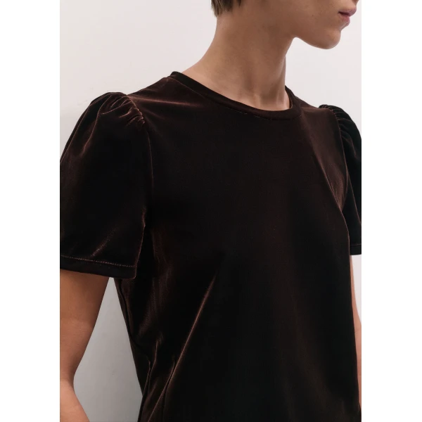 ME+EM Velour Pouf Sleeve Tee in Dark Chocolate, view 3 | T-shirts | Coveti
