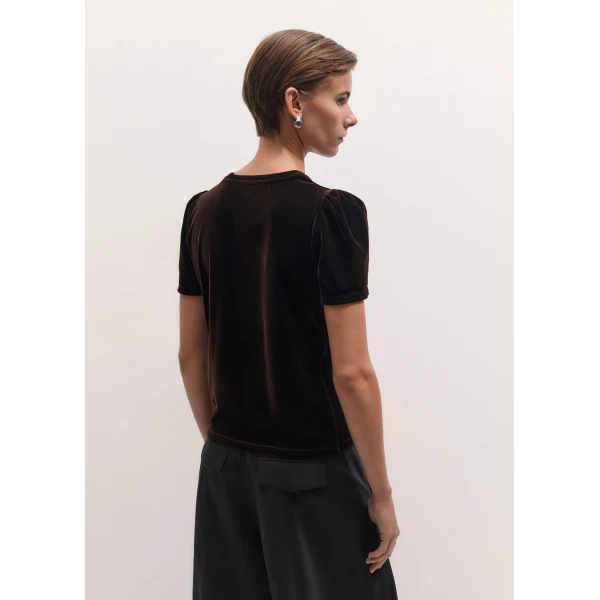 ME+EM Velour Pouf Sleeve Tee in Dark Chocolate, view 5 | T-shirts | Coveti