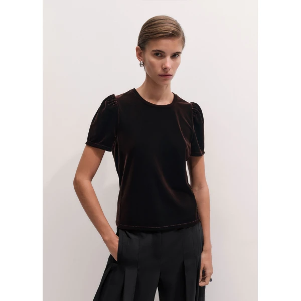 ME+EM Velour Pouf Sleeve Tee in Dark Chocolate, view 6 | T-shirts | Coveti