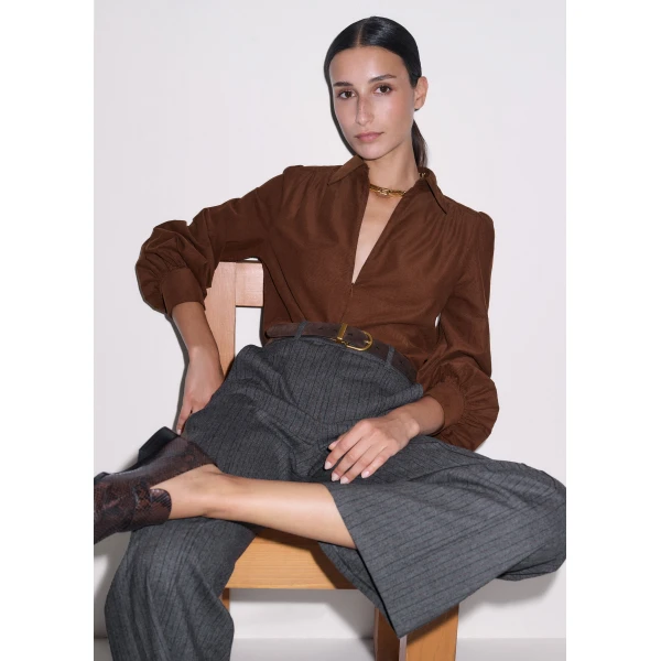 ME+EM Zip Neck Winter Blouse in Deep Pecan Brown