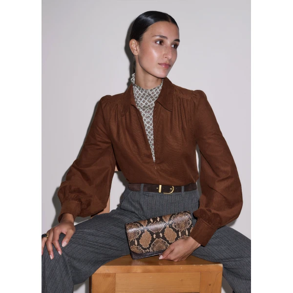 ME+EM Zip Neck Winter Blouse in Deep Pecan Brown