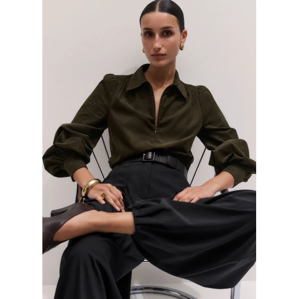 ME+EM Zip Neck Winter Blouse in Rich Olive Green