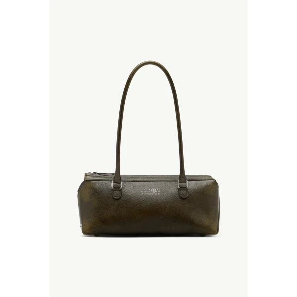 MM6 Maison Margiela Bauletto Shoulder Bag Medium Crackled Leather in Olive, view 2 | Shoulder & Crossbody Bags | Coveti