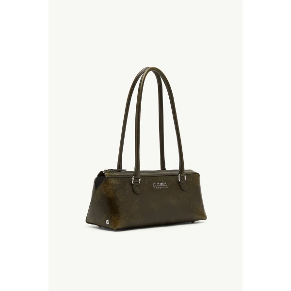 MM6 Maison Margiela Bauletto Shoulder Bag Medium Crackled Leather in Olive, view 3 | Shoulder & Crossbody Bags | Coveti