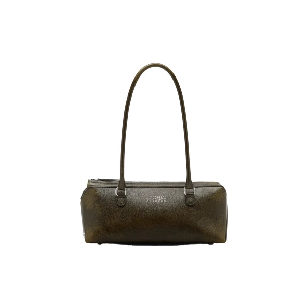 MM6 Maison Margiela Bauletto Shoulder Bag Medium Crackled Leather in Olive | Shoulder & Crossbody Bags | Coveti