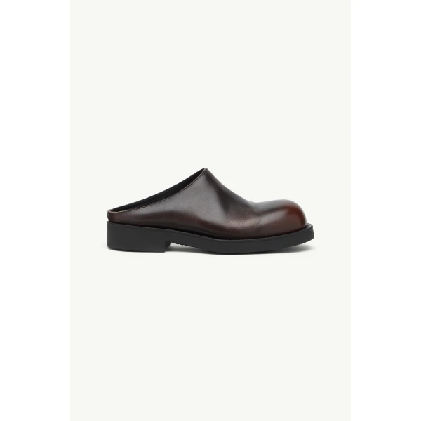 MM6 Maison Margiela Biker Mules in Brushed Leather in Black, view 2 | Mules | Coveti