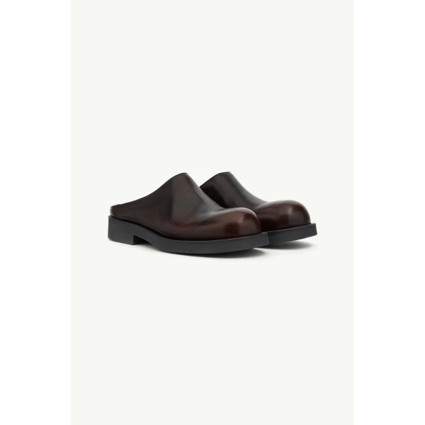 MM6 Maison Margiela Biker Mules in Brushed Leather in Black, view 3 | Mules | Coveti
