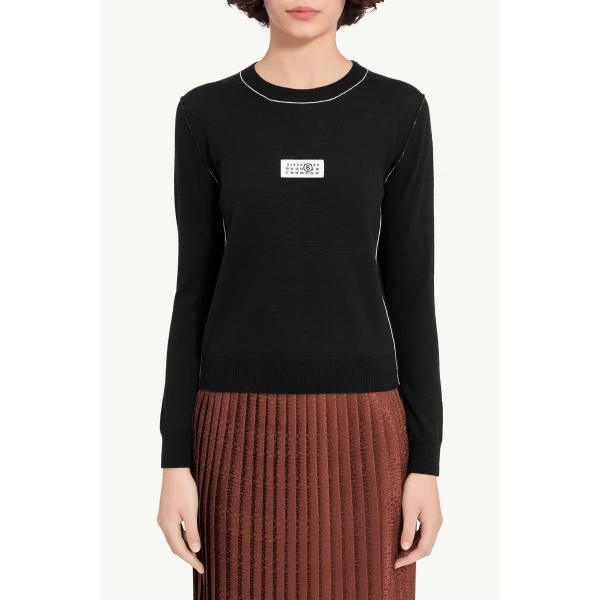 MM6 Maison Margiela Contrast-Trimmed Wool Blend Knit Jumper in Black, view 5 | Sweaters | Coveti
