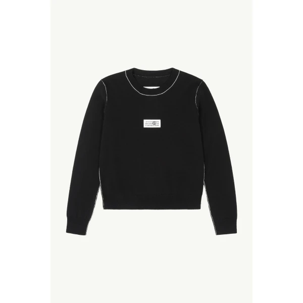 MM6 Maison Margiela Contrast-Trimmed Wool Blend Knit Jumper in Black, view 6 | Sweaters | Coveti
