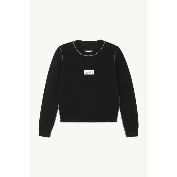 Contrast-Trimmed Wool Blend Knit Jumper in Black
