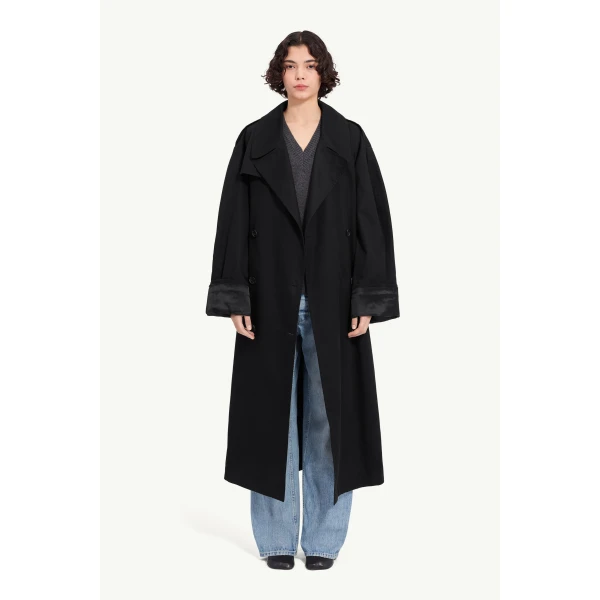 MM6 Maison Margiela Cotton Twill Trench Coat in Black, view 2 | Trench Coat | Coveti