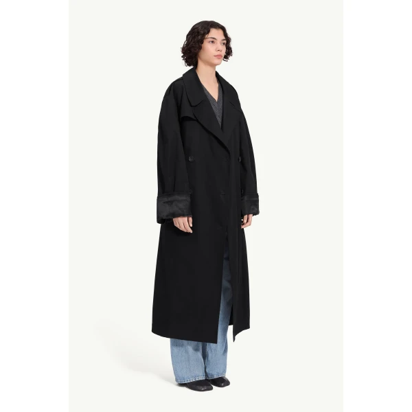 MM6 Maison Margiela Cotton Twill Trench Coat in Black, view 3 | Trench Coat | Coveti