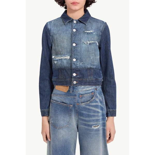 MM6 Maison Margiela Cropped Denim Jacket in Blue, view 5 | Denim | Coveti