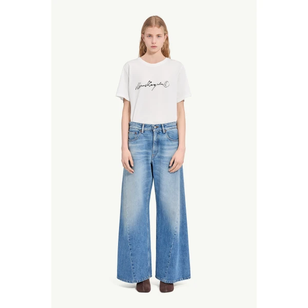 MM6 Maison Margiela Curved-Seam Wide-Leg Jeans in Blue, view 2 | Denim | Coveti