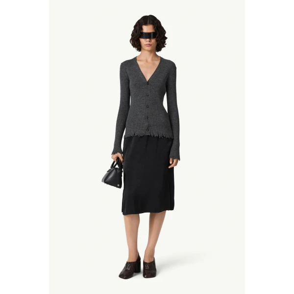 MM6 Maison Margiela Distressed Hem Knit Cardigan in Dark Grey, view 2 | Cardigan | Coveti