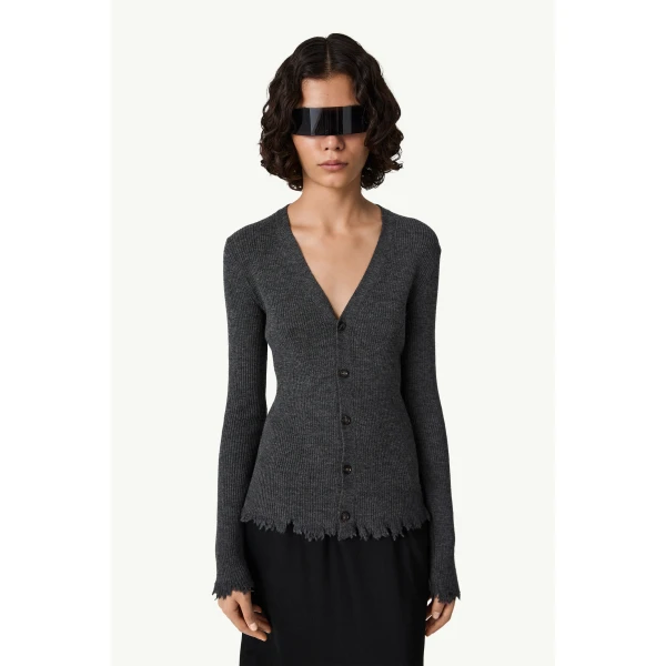 MM6 Maison Margiela Distressed Hem Knit Cardigan in Dark Grey, view 5 | Cardigan | Coveti