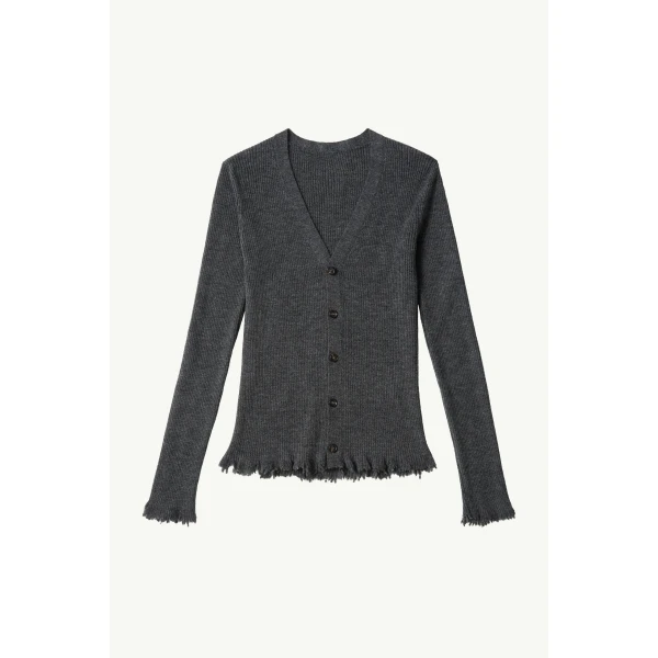 MM6 Maison Margiela Distressed Hem Knit Cardigan in Dark Grey, view 6 | Cardigan | Coveti