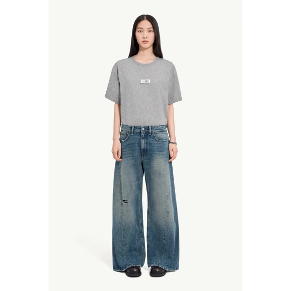 MM6 Maison Margiela Distressed Wide-Leg Jeans in Dark Blue, view 2 | Denim | Coveti