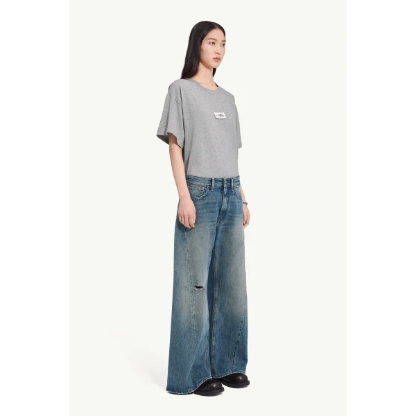 MM6 Maison Margiela Distressed Wide-Leg Jeans in Dark Blue, view 3 | Denim | Coveti