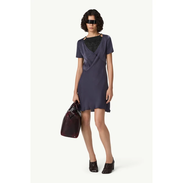 MM6 Maison Margiela Double Layer Lining-Look Slip Dress in Blue, view 2 | Mini Dresses | Coveti