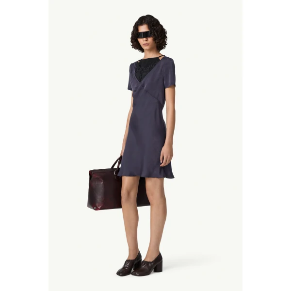 MM6 Maison Margiela Double Layer Lining-Look Slip Dress in Blue, view 3 | Mini Dresses | Coveti